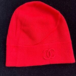 CHANEL Red Beanie with CC Logo